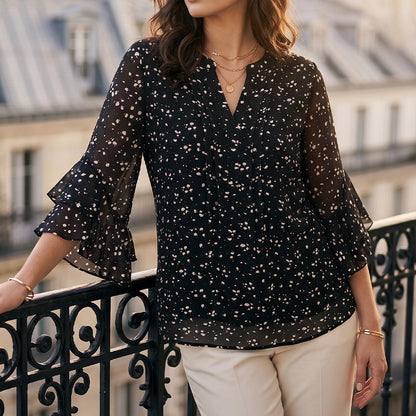 Women's Floral Print V-Neck 3/4 Ruffle Sleeve Top