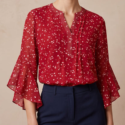 Women's Floral Print V-Neck 3/4 Ruffle Sleeve Top