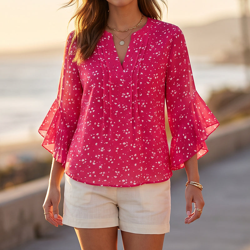 Women's Floral Print V-Neck 3/4 Ruffle Sleeve Top