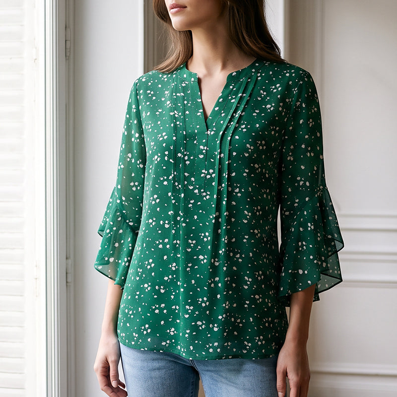 Women's Floral Print V-Neck 3/4 Ruffle Sleeve Top