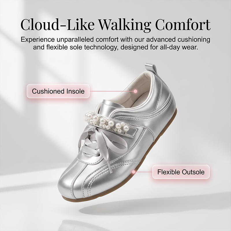 Women Retro German Trainer Shoes with Pearl Ribbon Lace