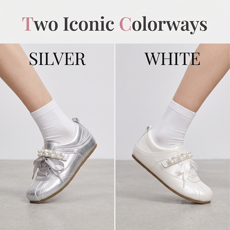 Women Retro German Trainer Shoes with Pearl Ribbon Lace