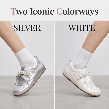 Women Retro German Trainer Shoes with Pearl Ribbon Lace