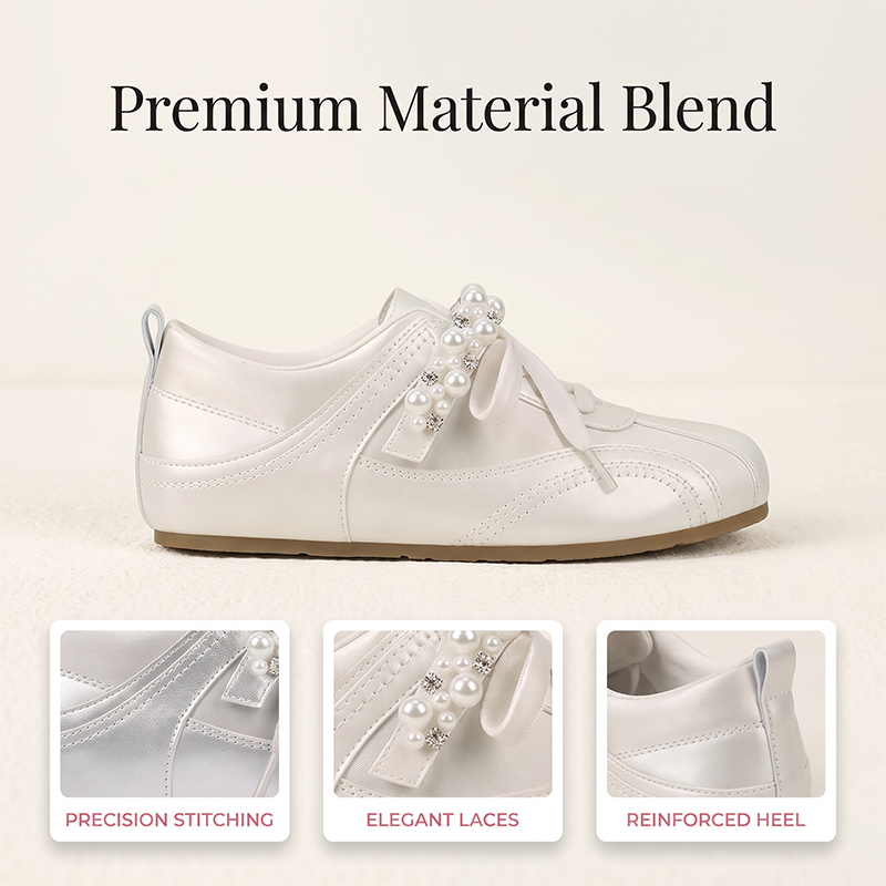 Women Retro German Trainer Shoes with Pearl Ribbon Lace