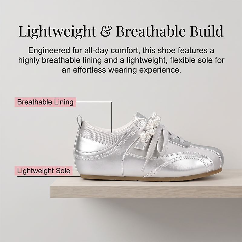 Women Retro German Trainer Shoes with Pearl Ribbon Lace