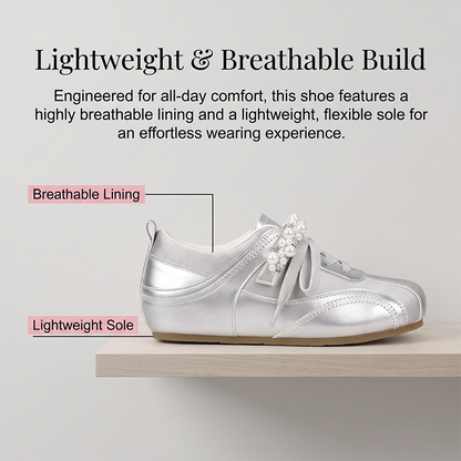 Women Retro German Trainer Shoes with Pearl Ribbon Lace