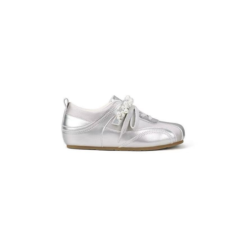 Women Retro German Trainer Shoes with Pearl Ribbon Lace