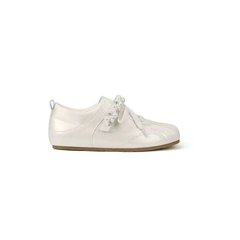 Women Retro German Trainer Shoes with Pearl Ribbon Lace