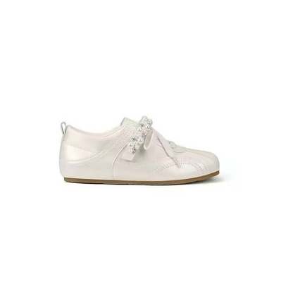 Women Retro German Trainer Shoes with Pearl Ribbon Lace