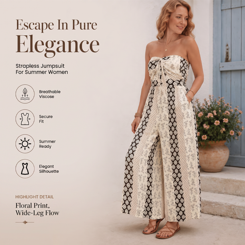 Women's Strapless Geometric Print Wide-Leg Jumpsuit