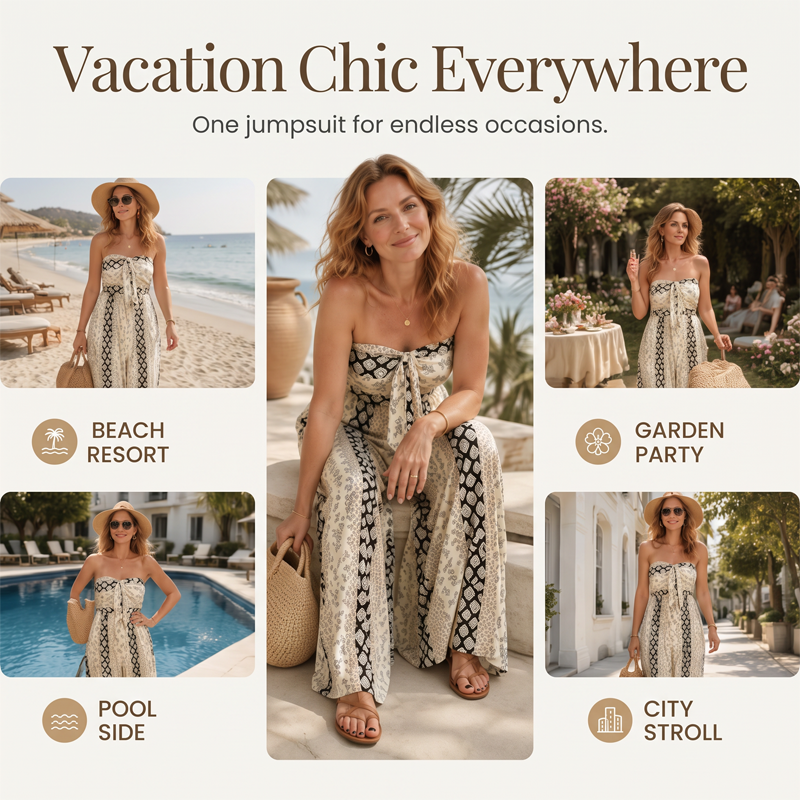Women's Strapless Geometric Print Wide-Leg Jumpsuit