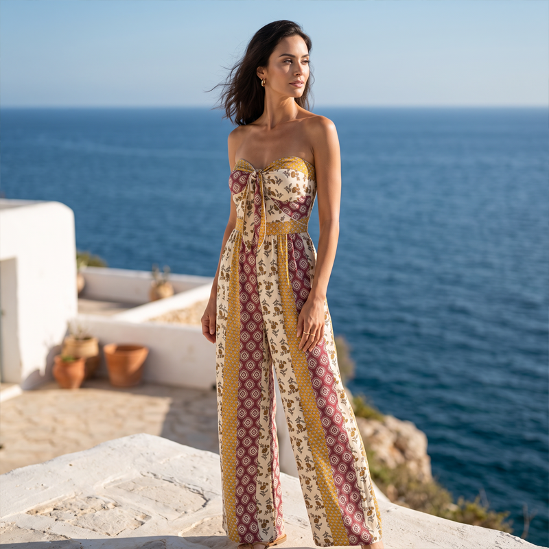 Women's Strapless Geometric Print Wide-Leg Jumpsuit