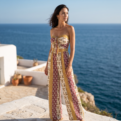 Women's Strapless Geometric Print Wide-Leg Jumpsuit