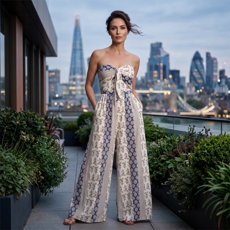 Women's Strapless Geometric Print Wide-Leg Jumpsuit