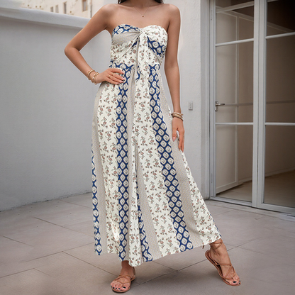 Women's Strapless Geometric Print Wide-Leg Jumpsuit