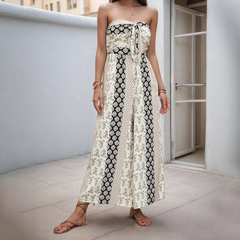 Women's Strapless Geometric Print Wide-Leg Jumpsuit