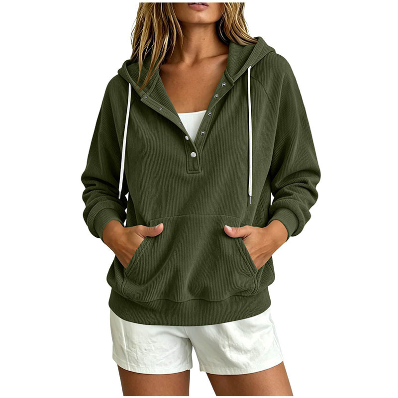 Women's Corduroy Half-Button Hooded Sweatshirt