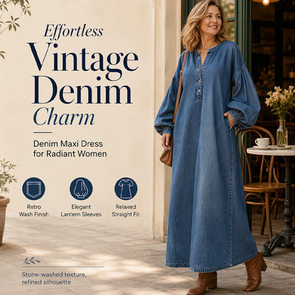Women's Long Lantern Sleeve Maxi Denim Dress|Free Shipping！