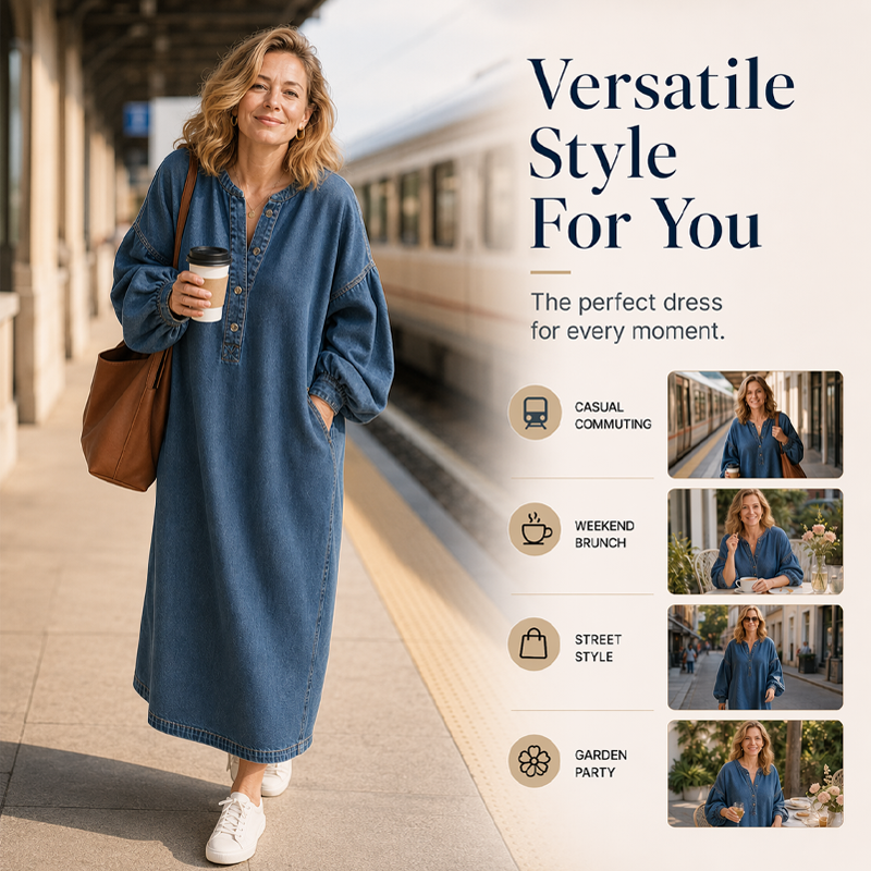 Women's Long Lantern Sleeve Maxi Denim Dress|Free Shipping！