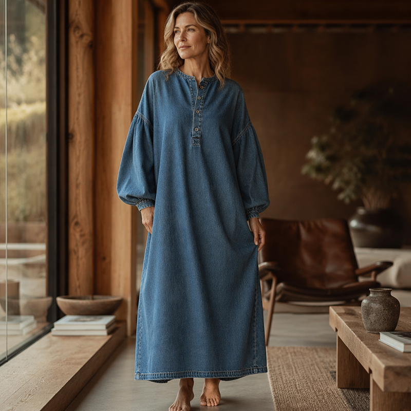 Women's Long Lantern Sleeve Maxi Denim Dress|Free Shipping！
