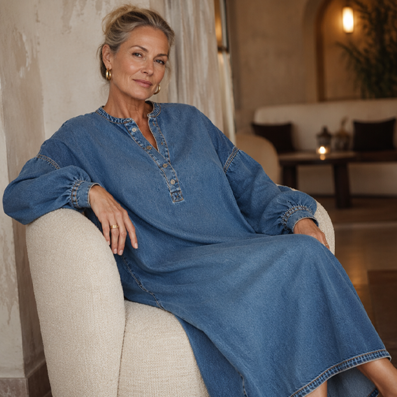 Women's Long Lantern Sleeve Maxi Denim Dress|Free Shipping！