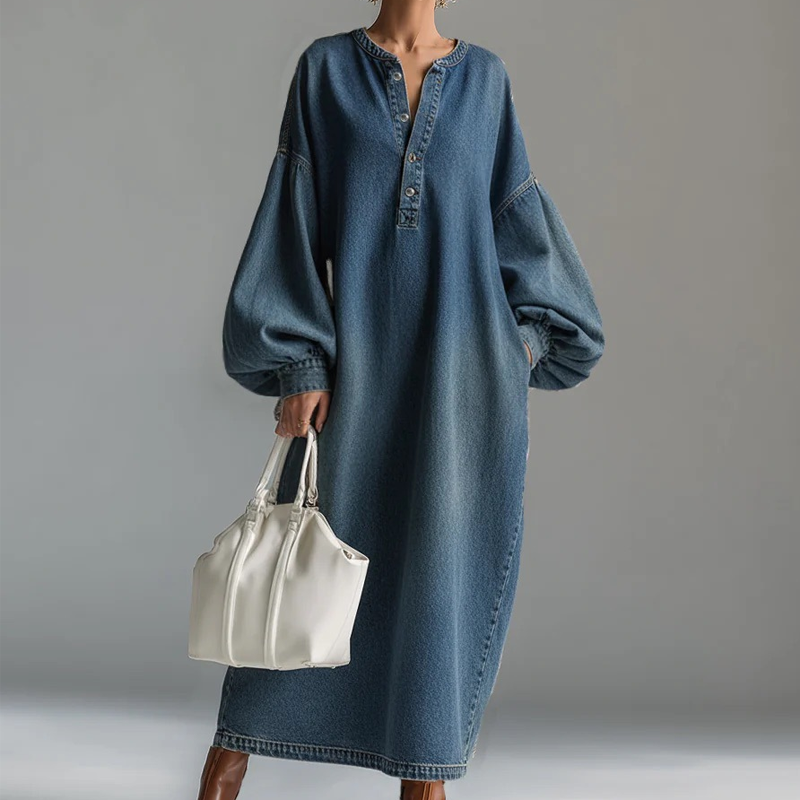 Women's Long Lantern Sleeve Maxi Denim Dress|Free Shipping！