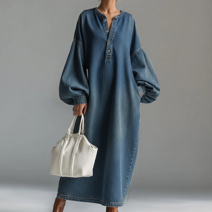 Women's Long Lantern Sleeve Maxi Denim Dress|Free Shipping！