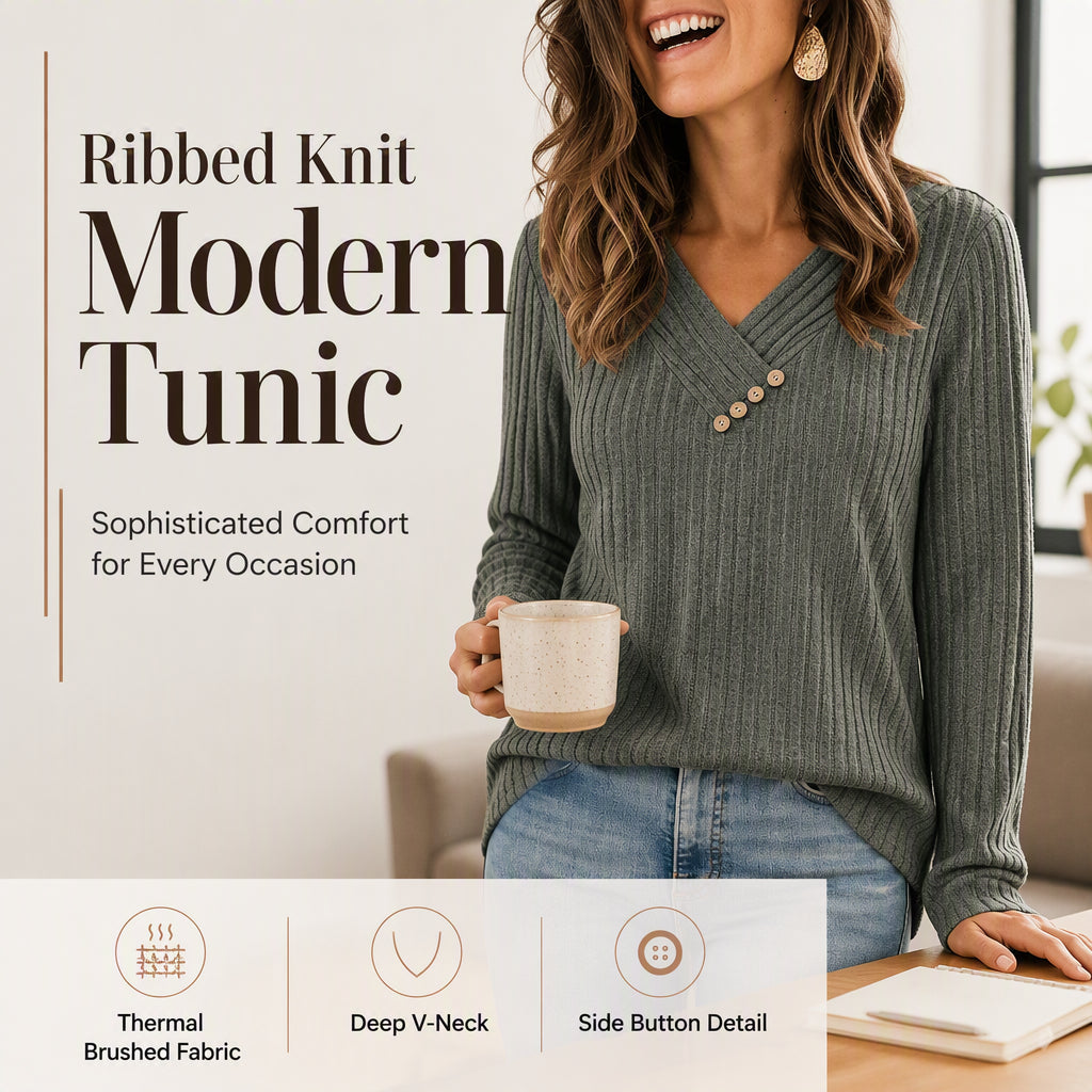 ✨ Women's Ribbed Knit V-Neck Top – Elegant Button Detail For A Chic Everyday Look🤍