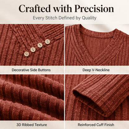 ✨ Women's Ribbed Knit V-Neck Top – Elegant Button Detail For A Chic Everyday Look🤍