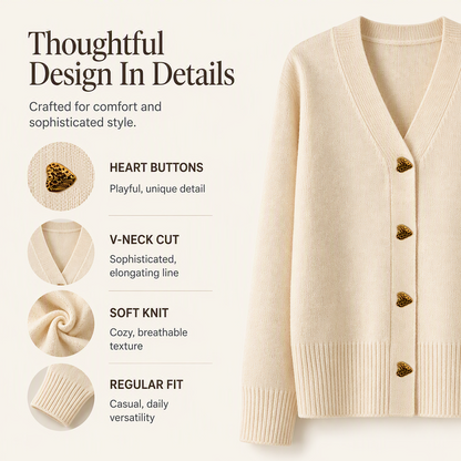 🧥Seasonal Style - Knit Cardigan with V-Neckline & Heart Accents – Cozy Warmth & Easy Pairing with Jeans or Dresses