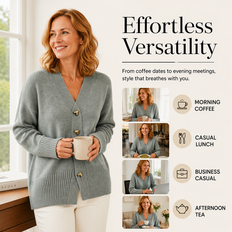 🧥Seasonal Style - Knit Cardigan with V-Neckline & Heart Accents – Cozy Warmth & Easy Pairing with Jeans or Dresses