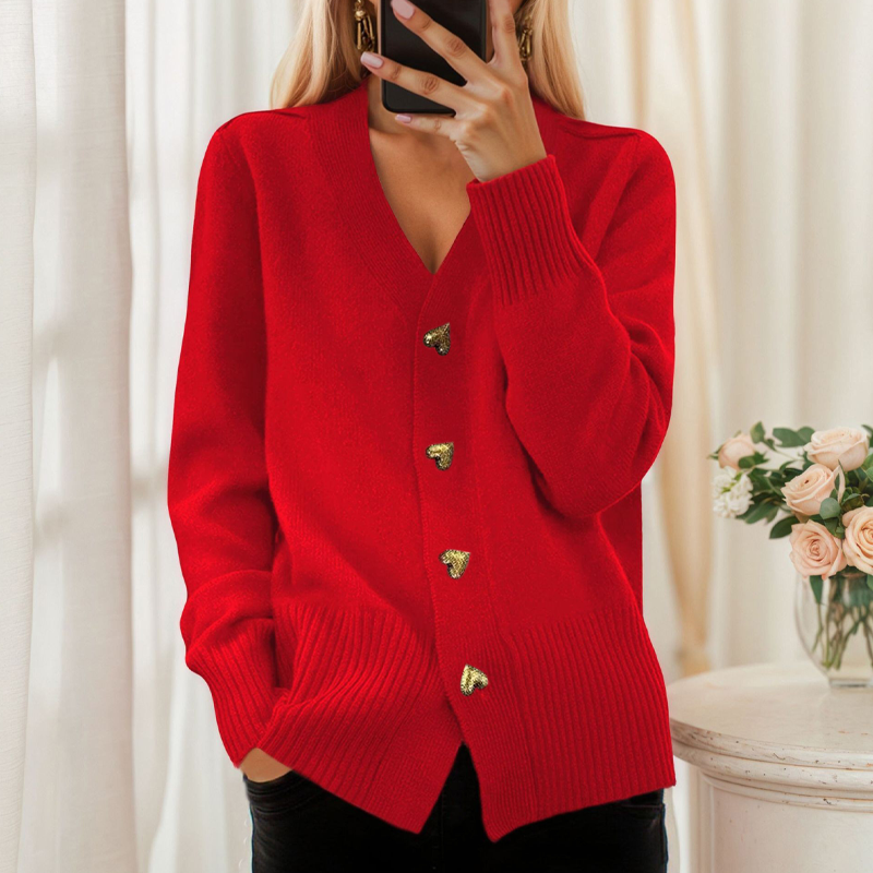 🧥Seasonal Style - Knit Cardigan with V-Neckline & Heart Accents – Cozy Warmth & Easy Pairing with Jeans or Dresses
