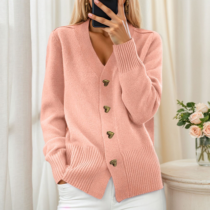 🧥Seasonal Style - Knit Cardigan with V-Neckline & Heart Accents – Cozy Warmth & Easy Pairing with Jeans or Dresses