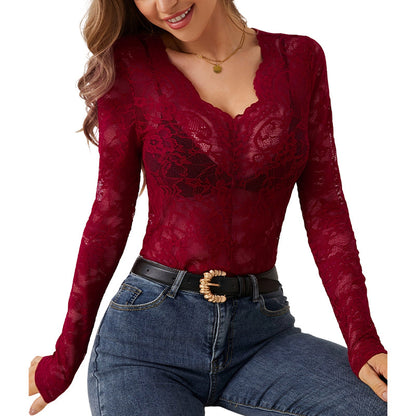 🌸 Feminine Lace Style | Women's Scalloped V-Neck Floral Lace Top