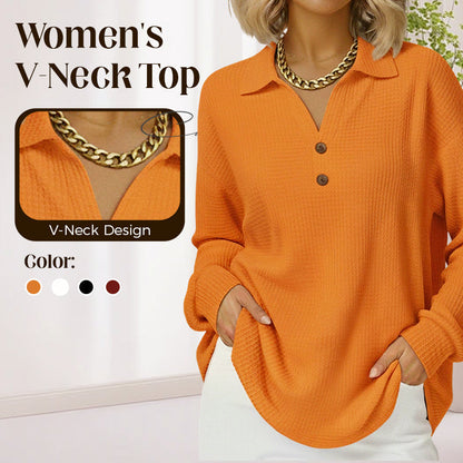 Women's V-Neck Waffle Knit Long Sleeve Top