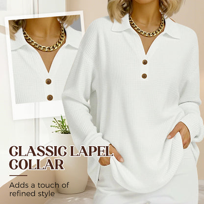 Women's V-Neck Waffle Knit Long Sleeve Top