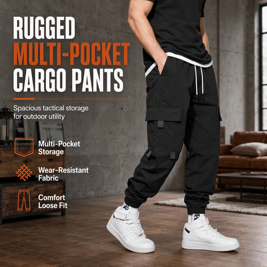 Men's Casual Loose Fit Multi Pocket Cargo Pants American Style Cropped Trousers for Spring and Autumn