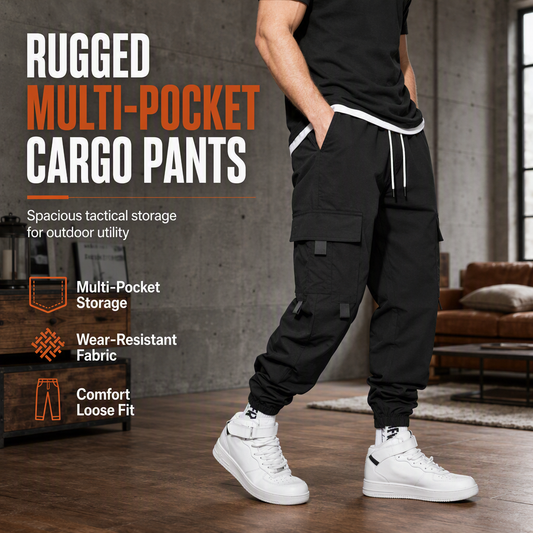 Men's Casual Loose Fit Multi Pocket Cargo Pants American Style Cropped Trousers for Spring and Autumn