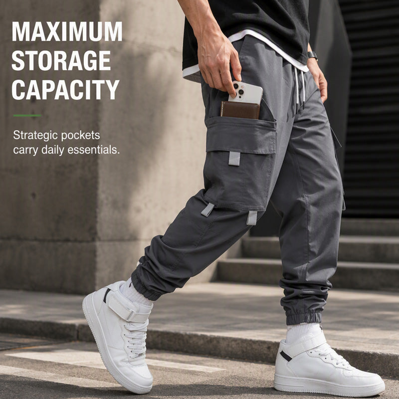 Men's Casual Loose Fit Multi Pocket Cargo Pants American Style Cropped Trousers for Spring and Autumn