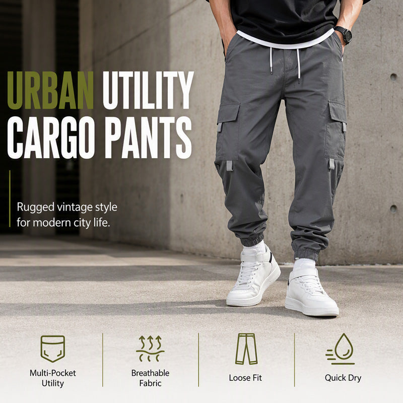Men's Casual Loose Fit Multi Pocket Cargo Pants American Style Cropped Trousers for Spring and Autumn