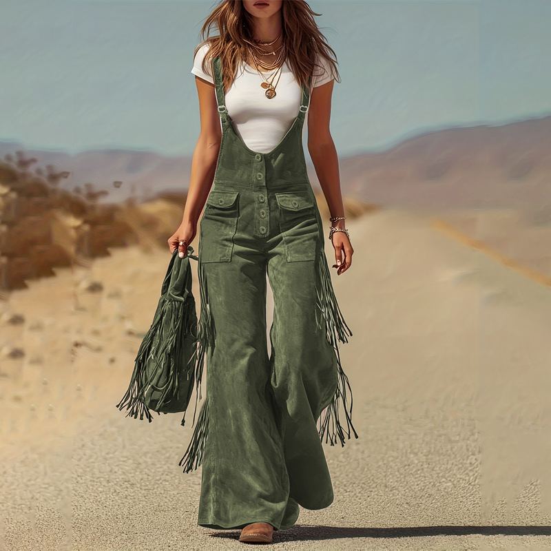 🤠 Western Statement Style | Women's Suede-Look Fringe Wide-Leg Overalls