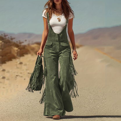 🤠 Western Statement Style | Women's Suede-Look Fringe Wide-Leg Overalls