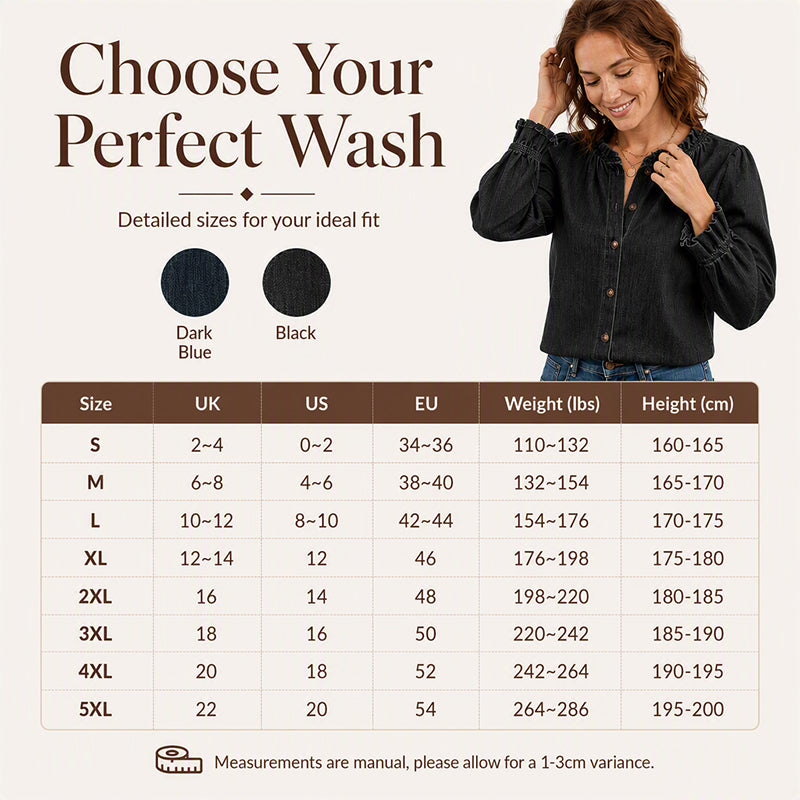 Women's Elegant Ruffle Mock Neck Denim Shirt