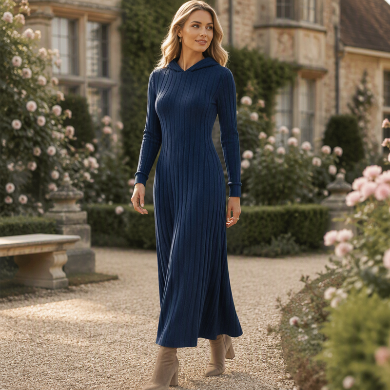 🧶 Textured Comfort | Women's Ribbed-Knit Hooded Maxi Dress with Pockets
