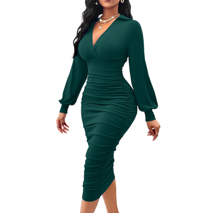 💃 Flattering Ruching, Elegant Curves | Women's V-Neck Lantern Sleeve Midi Dress