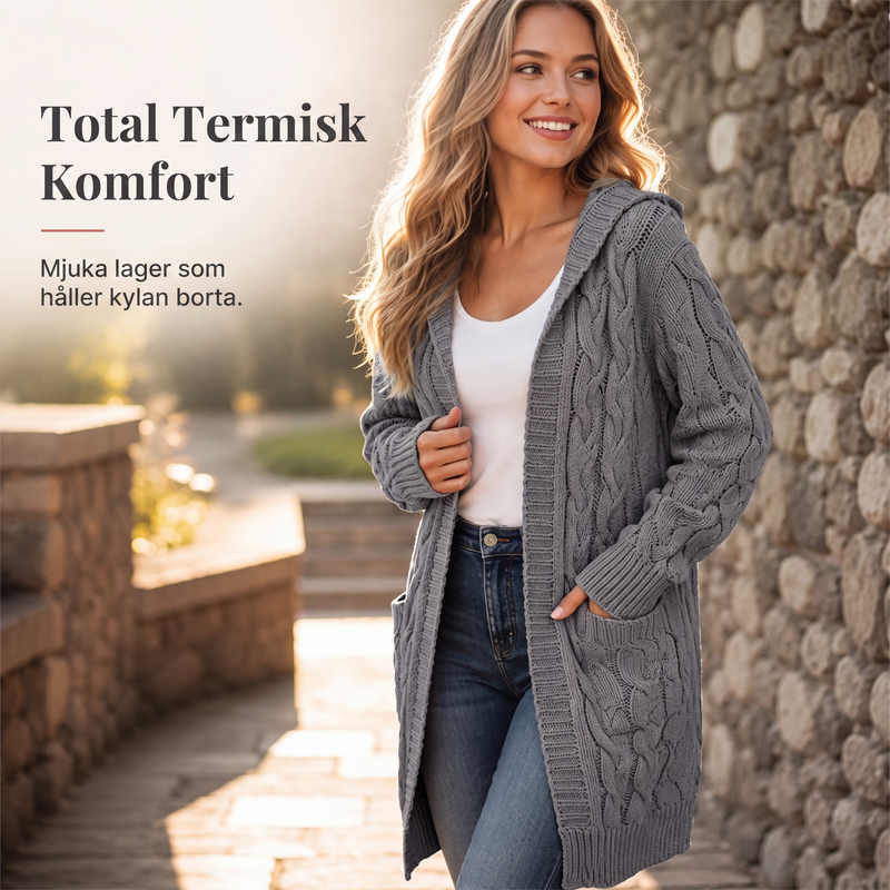 🧥Lång huvtröja i stickat för kvinnor med fickor