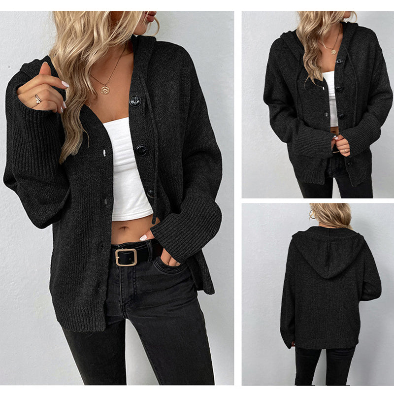 🧶 Cozy Layering Made Easy | Women's Hooded Button-Up Knit Cardigan