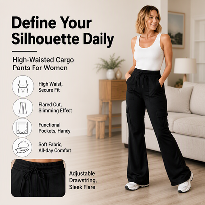 Women's High-Waisted Drawstring Cargo Flare Pants