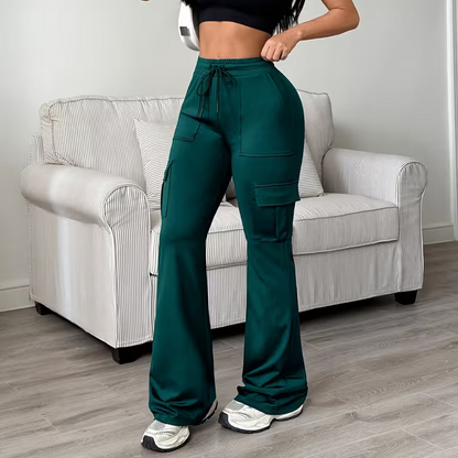 Women's High-Waisted Drawstring Cargo Flare Pants