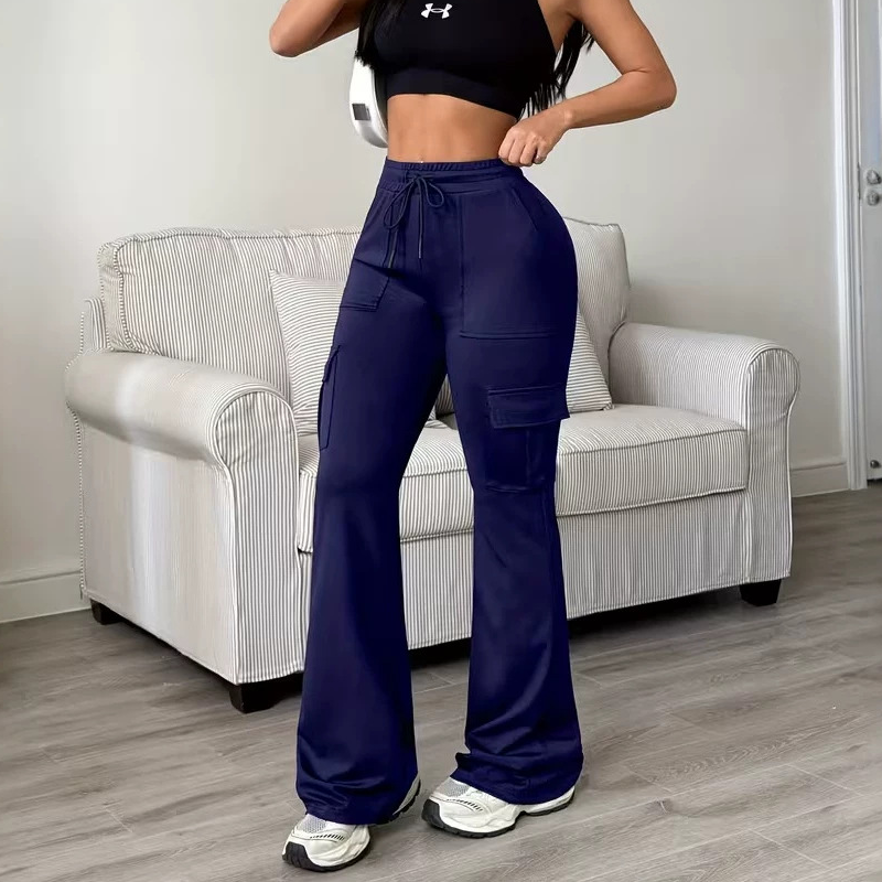 Women's High-Waisted Drawstring Cargo Flare Pants